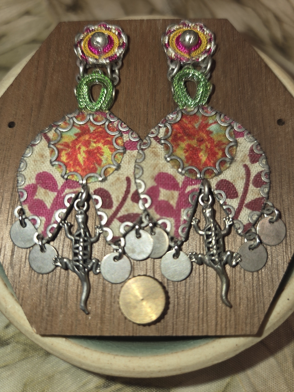 Ayalabar Colorful Fabric Teardrop Dangle Earrings with Silver Lizard Charms